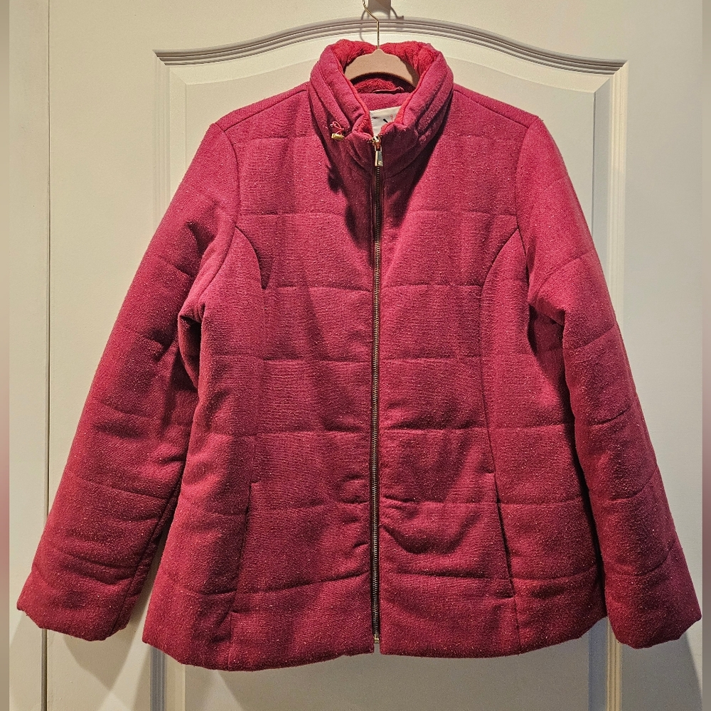 EUC Isaac Mizrahi Live! Wool Blend Jacket Stowaway Hood Pink Rasberry Womens L